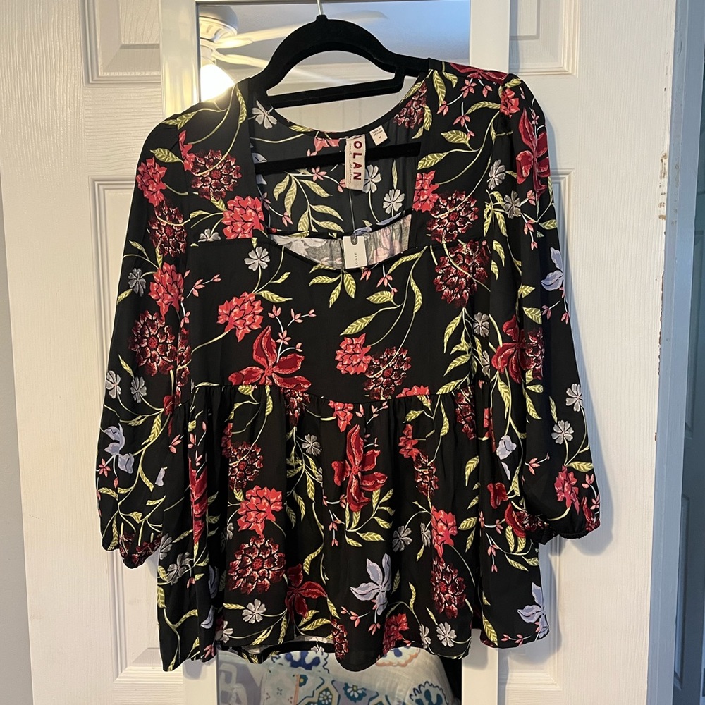 Anthropologie blouse new with tags! Floral, 3/4 sleeves, black/pink/green/violet